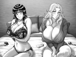 Rule 34 | 2girls, absurdres, asato ai, bed, black hair, blush, bra, breast hold, breasts, cleavage, condom, condom packet strip, condom wrapper, covered erect nipples, female focus, groin, happy, highres, huge breasts, indoors, jodie bakuryuu karen, ken buntei, kochikame, large nipples, legs, long hair, looking at viewer, monochrome, multiple girls, navel, on bed, one eye closed, panties, parted lips, pillow, sex toy, simple background, sitting, smile, take your pick, thighs, underwear, underwear only, vibrator, white hair, wink