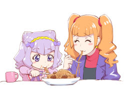 Rule 34 | 2girls, :3, aged down, aged up, aisaki emiru, blunt bangs, blush stickers, bow, commentary request, cone hair bun, cup, double bun, dress, earrings, eating, food, food on face, fork, hair bow, hair bun, hair ornament, hairband, hugtto! precure, jacket, jewelry, long hair, long sleeves, meatball, mug, multiple girls, orange hair, pasta, plate, precure, purple dress, purple eyes, purple hair, raised eyebrows, ruru amour, sidelocks, simple background, sketch, smile, spaghetti, spaghetti and meatballs, spoilers, table, twintails, ueyama michirou, white background