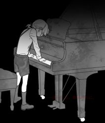 Rule 34 | 1boy, bad id, bad pixiv id, bow, bowtie, chair, chloe no requiem, clenched teeth, crying, greyscale, hair over eyes, instrument, kangmoro, male focus, monochrome, piano, pierre d&#039;alembert, ponytail, shorts, solo, spoilers, suspenders, tears, teeth, translation request