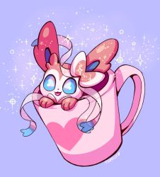 Rule 34 | blue eyes, creature, creatures (company), cup, flufflixx, game freak, gen 6 pokemon, heart, highres, in container, in cup, mug, nintendo, no humans, pokemon, pokemon (creature), purple background, ribbon, signature, simple background, solo, sparkle, sylveon