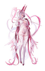 Rule 34 | 1girl, absurdres, agoto, breasts, closed mouth, dress, ear piercing, elbow gloves, full body, gloves, grey hair, highres, holding, horns, jewelry, looking at viewer, medium breasts, multicolored hair, original, piercing, pink hair, profile, red eyes, red footwear, red gloves, see-through, see-through dress, short hair, simple background, solo, thighhighs, white background, white thighhighs