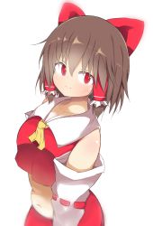 Rule 34 | 1girl, akabeco, bare shoulders, blush, bow, breasts, brown hair, cleavage, closed mouth, collarbone, cookie (touhou), detached sleeves, hair bow, hair ribbon, hair tubes, hakurei reimu, highres, large breasts, looking at viewer, navel, plump, red bow, red eyes, reu (cookie), ribbon, smile, solo, standing, touhou