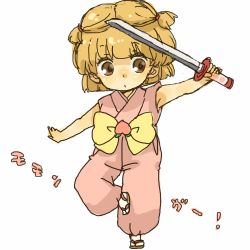 Rule 34 | 1990s (style), akazukin chacha, blonde hair, bow, brown eyes, full body, lowres, orin (akazukin chacha), retro artstyle, short hair, simple background, solo, standing, standing on one leg, sword, weapon, white background, yukke