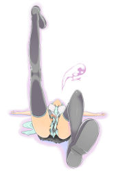 Rule 34 | 1girl, aura, boots, exhausted, ghost, hatsune miku, leg lift, leg up, lying, maki (makidai2024), necktie, no panties, on back, pleated skirt, skirt, solo, spring onion, thigh boots, thighhighs, upskirt, vocaloid