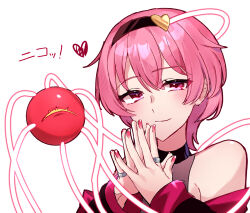 Rule 34 | 1girl, alternate costume, bare shoulders, black choker, black hairband, black jacket, blush, choker, closed mouth, commentary, fingernails, hair ornament, hairband, heart, heart hair ornament, highres, jacket, jewelry, komeiji satori, looking at viewer, multiple rings, nail polish, nano popo02, off shoulder, own hands together, pink eyes, pink hair, pink nails, portrait, ring, short hair, simple background, smile, steepled fingers, third eye, touhou, translated, white background