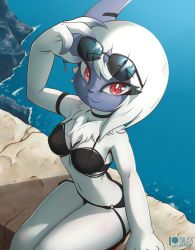 Rule 34 | 1girl, absol, absurdres, body fur, breasts, claws, cleavage, creatures (company), eyelashes, fewer digits, furry, furry female, game freak, gen 3 pokemon, highres, horns, nintendo, personification, pokemon, red eyes, rilex lenov, sunglasses, swimsuit, tail, white fur, white hair