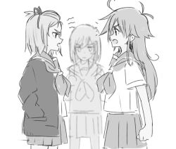 Rule 34 | 3girls, ahoge, antenna hair, bad id, bad twitter id, bangs pinned back, blurry, depth of field, flip flappers, greyscale, hair ornament, hair ribbon, hairclip, jacket, kokomine cocona, long hair, long sleeves, looking at another, miniskirt, monochrome, multiple girls, open clothes, open jacket, open mouth, papika (flip flappers), pleated skirt, ribbon, school uniform, serafuku, short hair, short sleeves, simple background, skirt, suishi, white background, yayaka