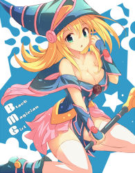 Rule 34 | 1girl, :o, bare shoulders, blonde hair, blue footwear, blush, boots, bracer, breasts, cape, character name, cleavage, collarbone, dark magician girl, duel monster, from side, green eyes, hat, holding, holding staff, large breasts, long hair, looking at viewer, looking to the side, off shoulder, pentacle, pink skirt, skirt, solo, staff, thighhighs, white thighhighs, wizard hat, yodori, yu-gi-oh!