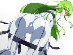 Rule 34 | 1girl, absurdres, all fours, ass, ass focus, belt, bent over, bodysuit, c.c., code geass, female focus, floating hair, from behind, green hair, highres, long hair, looking at viewer, looking back, parted lips, shou937, smile, solo, white bodysuit, yellow eyes