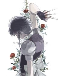 Rule 34 | 1girl, arm up, bad drawr id, bad id, between fingers, braid, closed eyes, drawr, fingerless gloves, floral background, flower, from behind, from side, gloves, holding, izayoi sakuya, ketsuopolis, knife, maid, maid headdress, oekaki, puffy short sleeves, puffy sleeves, rose, short hair, short sleeves, side braid, silver hair, simple background, solo, touhou, twin braids, weapon