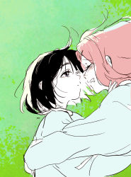 Rule 34 | 2girls, alien stage, black eyes, black hair, blue shirt, blush, from side, gomyeong, green background, hair behind ear, highres, hug, korean commentary, long hair, looking ahead, looking at another, mizi (alien stage), multiple girls, open mouth, pink hair, shirt, short hair, sketch, sua (alien stage), yuri