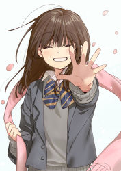 Rule 34 | 1girl, blazer, blush, bow, bowtie, brown hair, closed eyes, falling petals, grin, highres, jacket, kawai makoto, long sleeves, open hand, original, outstretched arm, petals, pink scarf, reaching, reaching towards viewer, scarf, school uniform, simple background, smile, solo, spread fingers, sweater, upper body