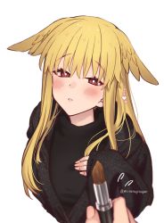Rule 34 | 1girl, black sweater, blonde hair, breasts, contemporary, fate/grand order, fate (series), head wings, highres, large breasts, lipstick, long hair, looking at viewer, makeup, mitsurugi sugar, red eyes, sidelocks, solo focus, sweater, thrud (fate), valkyrie (fate), wings