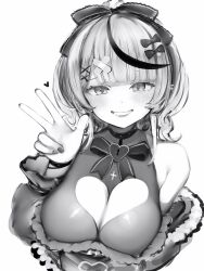 Rule 34 | 1girl, absurdres, bandaid, bandaid hair ornament, bare shoulders, blunt bangs, bow, breasts, cleavage cutout, clothing cutout, collar, dot nose, frilled ribbon, frills, greyscale, grin, hair bow, hair ornament, hair ribbon, heart, heart-shaped lock, highres, hololive, large breasts, light blush, looking at viewer, monochrome, multicolored hair, nanashi (nlo), nipples, off shoulder, official alternate costume, ribbon, sakamata chloe, sakamata chloe (jirai kei), see-through, simple background, smile, solo, streaked hair, studded collar, upper body, virtual youtuber, w, x hair ornament