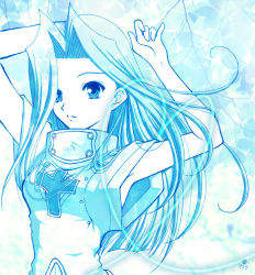 Rule 34 | 1girl, blue theme, breasts, dress, long hair, mint adenade, monochrome, open mouth, tales of (series), tales of phantasia