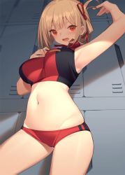 Rule 34 | 1girl, :d, arm up, armpits, bare arms, black sports bra, blonde hair, blush, breasts, cowboy shot, hair ribbon, hand up, kildir, large breasts, locker, looking at viewer, lycoris recoil, navel, nishikigi chisato, open mouth, panties, red eyes, red panties, red ribbon, red sports bra, ribbon, short hair, smile, solo, sports bra, standing, stomach, two-tone sports bra, underwear