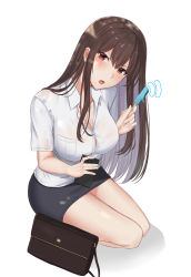 Rule 34 | 1girl, :d, bag, blush, breasts, brown eyes, brown hair, cellphone, cleavage, food, full body, gaitoou, handbag, highres, kneeling, large breasts, long hair, looking at viewer, open mouth, original, pencil skirt, phone, popsicle, see-through, shirt, simple background, skirt, smartphone, smile, solo, very long hair, white background, white shirt
