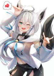 Rule 34 | 1girl, ahoge, animal ear fluff, animal ears, arm up, armpits, black shorts, blue neckerchief, blush, braid, breasts, comiket 102, commentary request, double fox shadow puppet, earrings, fox ears, fox girl, fox shadow puppet, fox tail, green eyes, hair between eyes, heart, highres, hololive, hood, hoodie, jewelry, long hair, looking at viewer, medium breasts, midriff, mikazuki cocolo, navel, neckerchief, one eye closed, open mouth, pentagram, shirakami fubuki, short shorts, shorts, sidelocks, simple background, single braid, solo, spoken heart, tail, virtual youtuber, white background, white hair, white hoodie