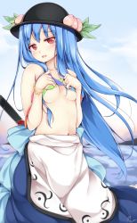 Rule 34 | 1girl, apron, bad id, bad twitter id, black hat, blue hair, bracelet, breasts, covering breasts, covering privates, food, fruit, hat, highres, hinanawi tenshi, jewelry, long hair, looking at viewer, maremay0513, peach, red eyes, signature, small breasts, solo, sword of hisou, topless, touhou, very long hair