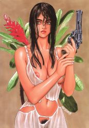Rule 34 | 1girl, bare shoulders, breasts, brown eyes, brown hair, collarbone, damaged, dress, female pubic hair, flower, gun, handgun, highres, holding, holding gun, holding weapon, large breasts, leaf, lips, long hair, navel, nipple slip, nipples, non-web source, original, plant, pubic hair, revolver, see-through, signature, simple background, solo, torn clothes, torn dress, transparent, tsukasa jun, weapon, wet, wet clothes, wet hair