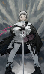 Rule 34 | 1girl, absurdres, arknights, black dress, black footwear, black gloves, boots, dress, from behind, gloves, grey hair, head wings, highres, irene (arknights), long hair, long sleeves, looking at viewer, looking down, multicolored clothes, multicolored dress, nero (nero nyam), overcast, pantyhose, pink dress, pink ribbon, planted, planted sword, planted weapon, ribbon, scabbard, sheath, sky, solo, sword, weapon, white dress, white pantyhose, wings