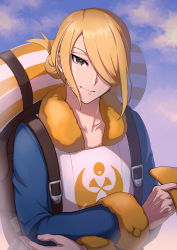 Rule 34 | 1boy, backpack, bag, blonde hair, blue jacket, blue sky, closed mouth, cloud, collarbone, creatures (company), crossed arms, day, fur-trimmed sleeves, fur collar, fur trim, game freak, grey eyes, hair bun, hair over one eye, half-closed eyes, happy, highres, holding, jacket, looking at viewer, maki (letusgomaki), male focus, nintendo, one eye covered, open clothes, open jacket, outdoors, pokemon, pokemon legends: arceus, pouch, shirt, short hair, sidelocks, sky, smile, solo, standing, swept bangs, upper body, volo (pokemon), white shirt