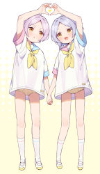 Rule 34 | 1boy, 1girl, arm up, blush, braid, briefs, brother and sister, classic fly briefs, eyelashes, gradient background, grey hair, heart, heart hands, heart hands duo, highres, holding, holding hands, light purple hair, looking at another, maare (moyori), maaru (moyori), male underwear, moyori, no pants, open mouth, original, panties, patterned, patterned background, patterned clothing, polka dot, polka dot background, polka dot panties, short hair, siblings, smile, socks, tongue, underwear, white background, white footwear, white socks, yellow background, yellow panties