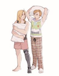 Rule 34 | 2boys, absurdres, alexia khodanian, alphonse elric, automail, barefoot, black shirt, blonde hair, brothers, buzz lightyear, commentary, disney, edward elric, full body, fullmetal alchemist, highres, long hair, looking at viewer, male focus, multiple boys, open mouth, pants, pillow, pixar, shirt, short hair, shorts, siblings, simple background, sleeveless, smile, socks, standing, toy story, white background, white shirt