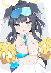 Rule 34 | 1girl, animal ears, bare shoulders, black hair, blue archive, blush, breasts, cheerleader, cleavage, commentary request, dog ears, dog girl, dog tail, facial mark, flying sweatdrops, goggles, goggles on head, grey background, grey eyes, halo, hands up, hibiki (blue archive), hibiki (cheer squad) (blue archive), highres, long hair, looking at viewer, medium breasts, millennium cheerleader outfit (blue archive), navel, parted lips, pleated skirt, pom pom (cheerleading), skirt, solo, star (symbol), swon (joy200892), tail, two-tone background, white background, white skirt