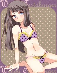Rule 34 | 1girl, arm support, black hair, blue eyes, bow, bow panties, bra, character name, female focus, frills, image sample, light smile, lingerie, long hair, looking at viewer, navel, panties, pisu (zamdin ex), pixiv sample, polka dot, resized, solo, south park, spread legs, text focus, thighs, underwear, wendy testaburger