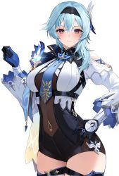 Rule 34 | 1girl, absurdres, asymmetrical hair, blue gloves, blue hair, blue necktie, bodysuit, breasts, capelet, closed mouth, commentary, covered navel, cowboy shot, english commentary, eula (genshin impact), genshin impact, glint, gloves, hair ornament, hairband, hand on own hip, hand up, highres, karacak, large breasts, light blue hair, looking at viewer, necktie, simple background, solo, thigh strap, thighs, vision (genshin impact), white background, yellow eyes
