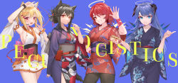 Rule 34 | 4girls, alternate costume, alternate hairstyle, animal ear fluff, animal ears, arknights, arm up, black hair, blonde hair, blue background, blue eyes, blue hair, breasts, character name, detached sleeves, detached wings, exusiai (arknights), finger to mouth, food, hair between eyes, hair ornament, halo, hand up, highres, holding, holding food, hongbaise raw, horns, japanese clothes, kimono, mostima (arknights), multiple girls, one eye closed, pantyhose, penguin logistics (arknights), red eyes, red hair, short hair, sideboob, sidelocks, sora (arknights), tail, texas (arknights), wide sleeves, wings, wolf ears, wolf girl, wolf tail, yukata