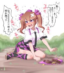 Rule 34 | 1girl, bandaid, blush, broken heart, brown hair, candy, checkered clothes, checkered skirt, chocolate, chocolate heart, commentary request, dirty, flying sweatdrops, food, geta, grass, hair ribbon, hat, heart, himekaidou hatate, long hair, open mouth, path, pointy ears, puffy short sleeves, puffy sleeves, purple eyes, ribbon, rinmei, road, shirt, short sleeves, sitting, skirt, solo, sweat, tears, tokin hat, torn clothes, torn skirt, touhou, translation request, trembling, twintails, valentine, wariza, wavy mouth