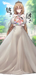 Rule 34 | 1girl, absurdres, alternate costume, blue sky, body writing, bouquet, breasts, bridal gauntlets, brown eyes, commentary, commission, dress, elbow gloves, flower, gloves, heart, heavy breathing, highres, holding, holding bouquet, huge breasts, large breasts, light brown hair, long hair, looking at viewer, nijisanji, object on head, panties, panties on head, panty mask, pixiv commission, rayasi, sister claire, sky, solo, sweat, tears, tiara, underwear, very long hair, virtual youtuber, wedding dress, white bridal gauntlets