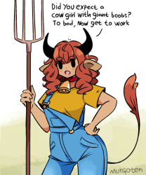 Rule 34 | 1girl, animal ears, bell, black eyes, breasts, commentary, contrapposto, cow ears, cow girl, cow horns, cow tail, cowboy shot, english commentary, english text, freckles, hand on own hip, highres, holding, holding pitchfork, horns, meme, murgoten, neck bell, open mouth, original, overalls, pitchfork, shirt, short sleeves, small breasts, solid oval eyes, solo, tail, yellow shirt