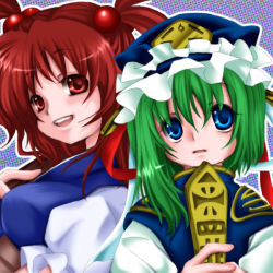 Rule 34 | 2girls, aoi mitsuru, blue eyes, female focus, green hair, hair bobbles, hair ornament, hat, multiple girls, onozuka komachi, open mouth, red eyes, red hair, ribbon, rod of remorse, shiki eiki, short twintails, touhou, twintails, two side up