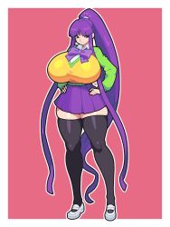 Rule 34 | 1girl, absurdres, adnycart, blunt bangs, bow, breasts, curvy, eiken, full body, gigantic breasts, hands on own hips, highres, huge breasts, long hair, looking at viewer, misono kirika, ponytail, purple eyes, purple hair, school uniform, sidelocks, simple background, skindentation, skirt, smile, solo, standing, sweater, sweater vest, thick thighs, thighhighs, thighs, very long hair, wide hips, zettai ryouiki