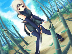Rule 34 | 1girl, bamboo, bamboo forest, blonde hair, elbow gloves, fadalgia, forest, fuyutsuki rei, gloves, headband, japanese clothes, leaf, maxwindy, md5 mismatch, nature, red eyes, resized, solo, sword, thighhighs, weapon