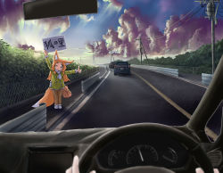 Rule 34 | 1girl, absurdres, animal ears, bag, brown eyes, bush, cable, car interior, cloud, cloudy sky, commentary request, day, doitsuken, fox ears, fox girl, fox tail, green jacket, guard rail, head tilt, highres, hitchhiking, jacket, landscape, leaf, looking at viewer, one eye closed, oraneko, original, road, scarf, scenery, shoulder bag, sky, slit pupils, solo focus, steering wheel, tail, tears, thumbs up, utility pole, white scarf