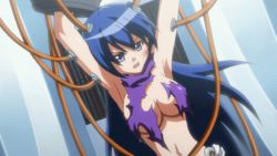 Rule 34 | 1girl, animated, animated gif, blue eyes, blue hair, breasts, cleavage, eve neuschwanstein, long hair, navel, needless, torn clothes, wire