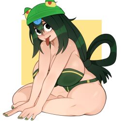 Rule 34 | 1girl, absurdres, asui tsuyu, bandeau, bikini, boku no hero academia, breasts, curvy, female focus, frog hat, hair between eyes, highres, large breasts, long hair, looking at viewer, melonpuff, nail polish, sitting, solo, swimsuit, thick thighs, thighs, tongue, tongue out, wide hips
