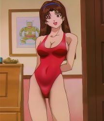 Rule 34 | 1990s (style), 1girl, bare shoulders, breasts, brown eyes, brown hair, cleavage, contrapposto, cowboy shot, door, framed picture, golden boy, hairband, highleg, highleg swimsuit, indoors, katsuda naoko, long hair, looking at viewer, matching hair/eyes, one-piece swimsuit, red one-piece swimsuit, retro artstyle, robot, sideboob, solo, standing, stitched, swimsuit, third-party edit