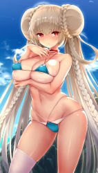 Rule 34 | 1girl, areola slip, arm under breasts, azur lane, bikini, blue bikini, blush, braid, breasts, brown hair, cleavage, collarbone, commentary request, covered erect nipples, double bun, formidable (azur lane), formidable (the lady of the beach) (azur lane), hair bun, highres, large breasts, long hair, looking at viewer, micro bikini, navel, official alternate costume, outdoors, parted lips, red eyes, resolution mismatch, revision, sideboob, sigma rio, single thighhigh, skindentation, sky, solo, source smaller, standing, swimsuit, thighhighs, thighs, underboob, very long hair, white thighhighs