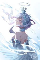 Rule 34 | 1girl, aisuqinle, armor, backless outfit, black clover, blue armor, choker, crown, halo, highres, noelle silva, pink eyes, solo, twintails, valkyrie, water, water drop, wings
