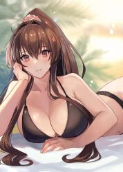 Rule 34 | 1girl, bare shoulders, bikini, black bikini, blurry, blurry background, breasts, brown eyes, brown hair, cleavage, cloud, collarbone, cropped, flower, hair between eyes, hair flower, hair intakes, hair ornament, hand on own cheek, hand on own face, high ponytail, kantai collection, kasumi (skchkko), large breasts, long hair, looking at viewer, lying, navel, on side, on stomach, outdoors, palm tree, parted lips, ponytail, solo, sunrise, swimsuit, thighs, tree, yamato (kancolle)