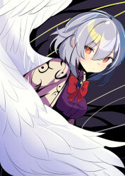 Rule 34 | 1girl, blush, buttons, closed mouth, dress, feathered wings, grey hair, hair between eyes, harakune (mugennero), jacket, kishin sagume, long sleeves, one-hour drawing challenge, open clothes, open jacket, purple dress, red eyes, short hair, single wing, solo, touhou, white jacket, white wings, wings