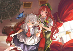 Rule 34 | 2girls, absurdres, alternate eye color, apron, ascot, book, braid, braiding hair, bug, butterfly, chair, curtains, from above, green eyes, hairdressing, highres, hong meiling, indoors, bug, izayoi sakuya, keikaj, maid headdress, multiple girls, open mouth, red eyes, red hair, short sleeves, silver hair, smile, sunlight, touhou, twin braids, waist apron, window