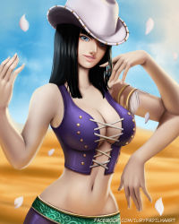 Rule 34 | 1girl, alabasta, arm up, armlet, bare shoulders, black hair, blue eyes, blue shirt, blue sky, breasts, bustier, cleavage, cloud, cloudy sky, collarbone, cowboy hat, crop top, day, desert, extra arms, female focus, fingernails, hana hana no mi, hat, impossible clothes, impossible shirt, iury padilha, laces, large breasts, lips, long hair, looking at viewer, midriff, navel, nico robin, one piece, outdoors, pants, parted lips, petals, sand, shirt, sky, sleeveless, sleeveless shirt, smile, solo, upper body, watermark, white hat
