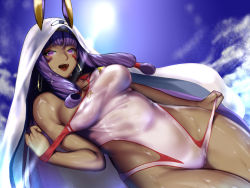 Rule 34 | &lt;o&gt; &lt;o&gt;, 1girl, animal ears, bed sheet, blue sky, breasts, clothes pull, cloud, competition swimsuit, dark-skinned female, dark skin, day, dutch angle, earrings, facepaint, facial mark, fate/grand order, fate (series), highres, hoop earrings, jackal ears, jewelry, kumiko shiba, large breasts, legs together, light rays, long hair, looking at viewer, low-tied long hair, medjed (fate), nitocris (fate), nitocris (fate/grand order), nitocris (swimsuit assassin) (fate), nitocris (swimsuit assassin) (second ascension) (fate), one-piece swimsuit, one-piece swimsuit pull, purple eyes, purple hair, shiny clothes, shiny skin, sky, smile, solo, standing, swimsuit, teeth, undressing, wet, white one-piece swimsuit