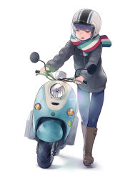 Rule 34 | 1girl, blue hair, blurry, bokeh, boots, closed eyes, denim, depth of field, eyes visible through hair, helmet, highres, jeans, light blush, long hair, minawa, motor vehicle, multicolored clothes, multicolored scarf, open mouth, pants, scarf, scooter, shima rin, shoshinsha mark, simple background, solo, walking, white background, yamaha vino, yurucamp